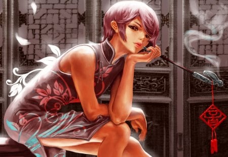 Oriental fantasy - red, purple, pink, black, cigarette, girl, dress, blue, oriental, fantasy, smoke, woman