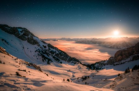 Alps moonrise - foggy, landscapes, switzerland, snowy