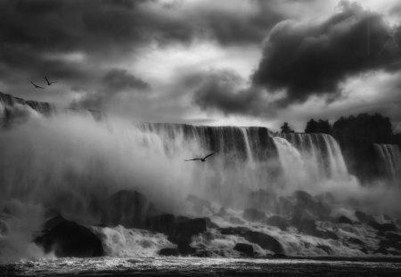 Dark waterfalls - clouds, birds, foggy, landscapes, black and white