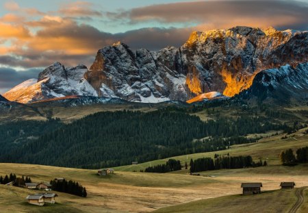 Shining mountains - forest, hills, clouds, snowy, landscapes