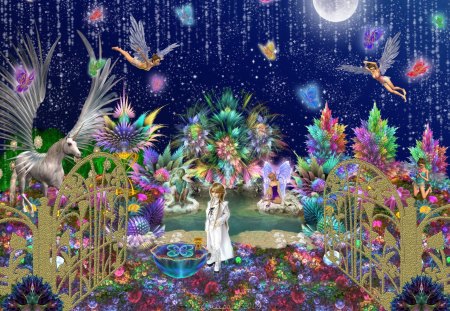 ✰Mysterious Garden✰ - pretty, blossoms, summer, goblin, spring, night, light, gentle, flowers, shines, blooms, sparkle, digital art, glitter curtain, colors, petals, collages, mixed media, dragonflies, Fairies, wings, cute, Fairy, butterflies, splendor, flying, pollen, stars, leaves, Elf boy, fractal art, sky, moon, fractal manipulations, gate, beautiful, cool, unicorns, lovely, florals, sweet, 3D, colorful, pool, bright, leaf, softness