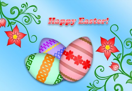 Happy Easter - eggs, easter eggs, holiday, easter, flowers, spring