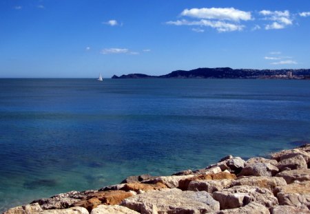 Javea - nature, sky, mountain, blue, water, sea, boat, rocks