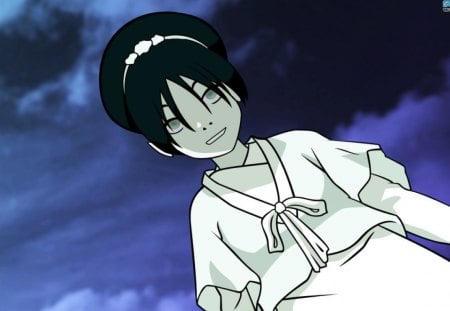 toph-beifong - wind hair, clouds, anime, blue, white dress