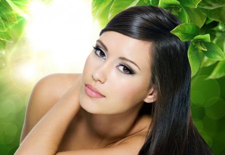 The woman - makeup - The woman, makeup, green, leaves