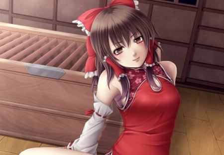 Hakurei Reimu - brown eyes, anime, anime girl, female, hot, girl, brown hair, long hair, touhou, red, cute, ribbon, reimu, hakurei reimu, sexy