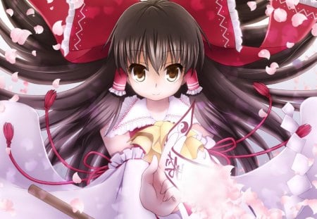 Hakurei Reimu - cute, talisman, hakurei reimu, anime girl, girl, sparks, ribbon, magic, light, touhou, glow, kawaii, brown hair, anime, long hair, petals, reimu, brown eyes, female