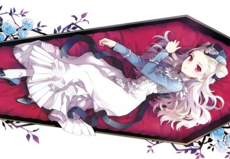 anime girl - girl, blue roses, anime, coffin, manga