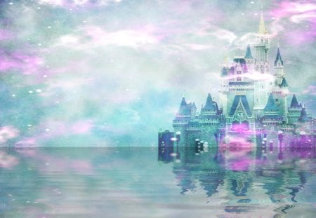 Fairytale Castle - ocean, water, fantasy, white, fairytale, pretty, reflection, pink, castle, blue, beautiful, green