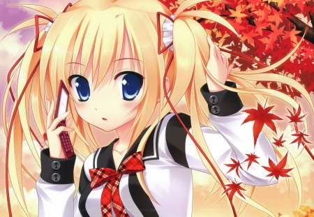 ã“ã‚“ã«ã¡ã¯..... - hp, cute, blond hair, blonde, leaves, anime girl, girl, ribbon, blond, blonde hair, phone, cloud, kawaii, anime, mobile, twintails, handphone, sky, long hair, maple, female, blue eyes