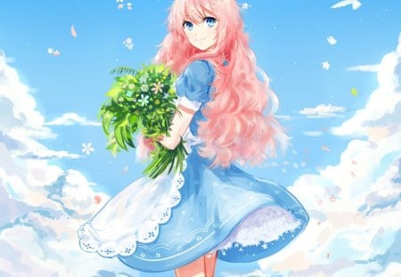 Clear Sky - pretty, bird, anime, female, blue, dress, pink, long hair, nice, pink hair, sky, gown, anime girl, beautiful, hot, girl, beauty, lovely, sweet, flower, petals, bouquet, white, cloud, cute, floral, sexy