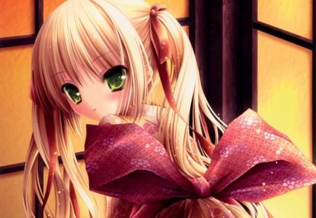 Big Ribbon - pretty, anime, kawaii, female, blonde, blond hair, green eyes, adore, long hair, blond, ribbon, nice, anime girl, twintails, girl, blonde hair, lovely, sweet, cute, adorable