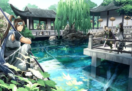 Warrior Garden - pretty, anime, warrior, guy, plant, boy, male, garden, nice, japanese garden, house, water, beautiful, hot, pond, swet, beauty, lovely, lantern, tree, handsome, cute, sexy, building