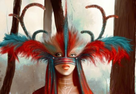 Fantastic creature - woman, girl, miaaa, fantasy, horns, painting, art, forest, red, blue, creature, green, tree