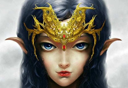 Elf princess - red, black, beauty, elf, brunette, girl, art, creature, fantasy, crown, golden, blue eyes, princess, ixdevil