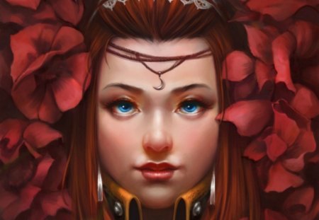 Fantasy girl - woman, beauty, roses, girl, blue eyes, beiyue, fantasy, art, red, cute, flower