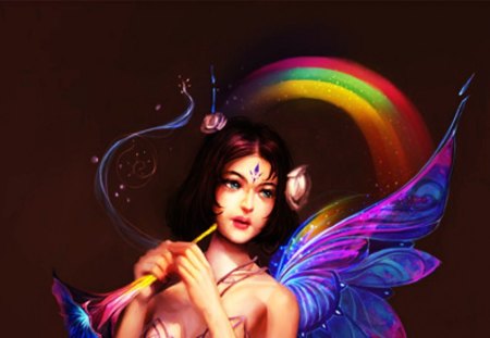 Fairy - flute, beauty, rainbow, girl, wings, black, fantasy, yellow, pink, red, blue, creature, fairy, yang zhao, flower