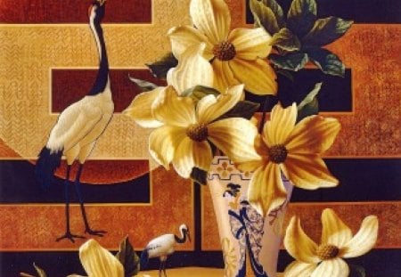 Japanese by Ilene Meyer - vase, bird, yellow, flower, still life, orange, ilene meyer, lily, black, white, fly, red, painting, crane, art, japanese