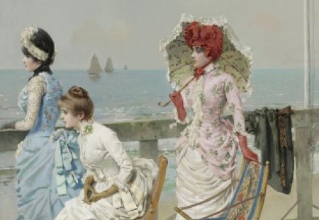 Girls on the beach by Vittorio Matteo Corcos - boat, beach, ocean, girl, umbrella, white, hat, gloves, red, pink, ship, dress, blue, art, vittorio matteo corcos, artist, sea, painting, green