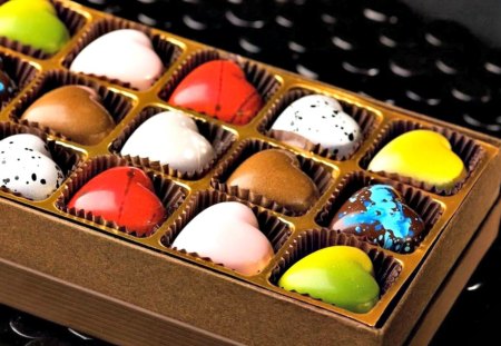 Sweet hearts - valentine day, heart, yellow, blue, brown, food, chocolate, love, sweet, red, green, candy