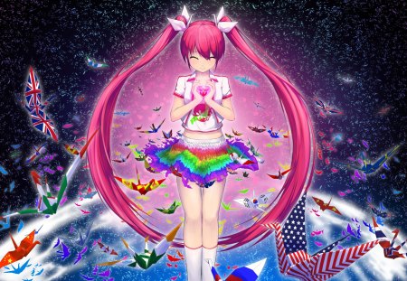 Sending out a message for the World - pretty, magic, twin tail, female, china, pink, light, happy, space, england, nice, hot, beauty, universe, cute, america, crane, sexy, bird, anime, elegant, twintail, long hair, magical, dark, gorgeous, pink hair, flag, twin tails, anime girl, twintails, beautiful, lovely, sweet, usa, black, fantasy, paper crane, smile, world, country