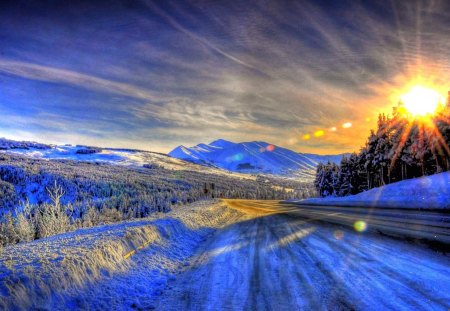 Winter dawning - forest, alaska, mountains, snowy, road, sunrise, landscapes