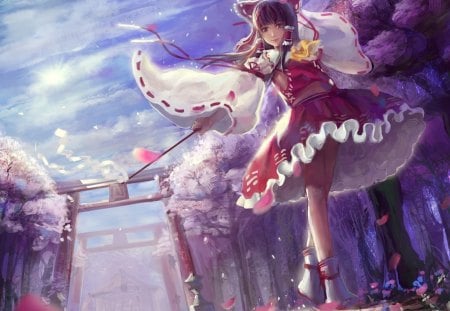 At the temple - ritual, purple, pink, cute, temple, spring, anime, girl, dress, blue, manga, sky, petals, bloom, tree