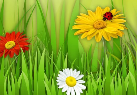 Hiding in the Grass - fresh, summer, daisy, spring, ladybug, nature, lawn, green, daisies, grass