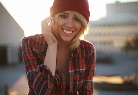 alysha nett - sunlight, girl, hat, red, smile, tatoo