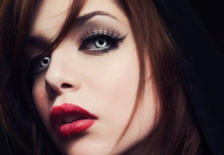 brunette face - horror, gray eyes, fear, red lips, girl