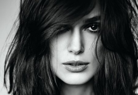 keira knightly - actress, girl, bw, wind hair, black eyes