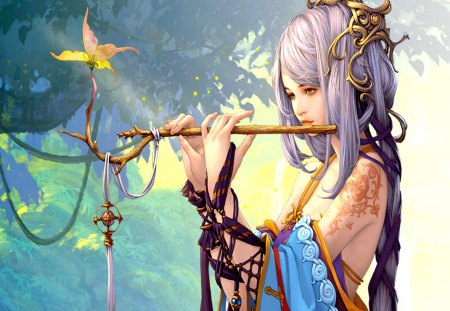 SPRING MELODY - flute, beauty, art, girl