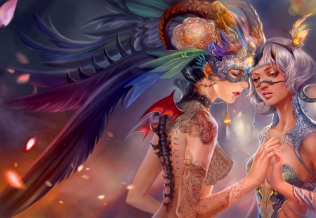 CARNIVAL GIRLS - tattoo, art, girl, mask, carnival, fashion, feather, dragon