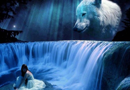 Missing You - wolf, woman, abstract, animal, fantasy, waterfall