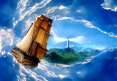 FANTASY SAILING - ships, clouds, sailing, lighthouse