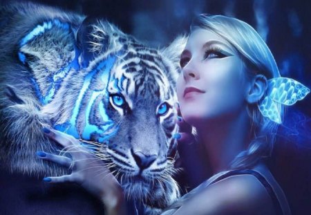 Tiger Love - abstract, fantasy, woman, cats, tiger, animals