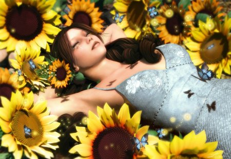 Bright of Sunshine - pretty, sunflowers, yellow, summer, attractions in dreams, female, creative pre-made, butterflies, flowers, butterfly designs, beautiful, digital art, weird things people wear, colors, lovely, hair, characters, sleep, bright, 3D and CG, love four seasons, animals