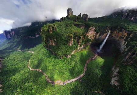 Angel falls - clouds, canyons, cliffs, landscapes, forest, mountains