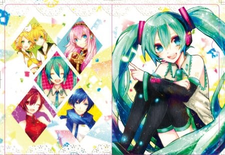 ~Vocaloid~ - anime, vocaloid, rin and len kagamine, hatsune miku, happy, colorful, kaito, megurine luka, friends