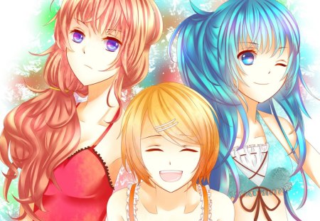 Megurine, Hatsune & Rin - girls, hatsune miku, rin kagamine, vocaloid, megurine luka, anime, friends, wink