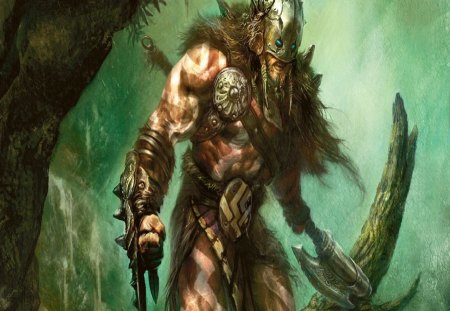 Pagan Warrior - War Paint, Fantasy, Ax, Woods, Dagger