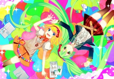 ~My Friend & I~ - hatsune miku, colorful, ipod, rin kagamine, hearts, vocaloid, anime, books, friends, happiness