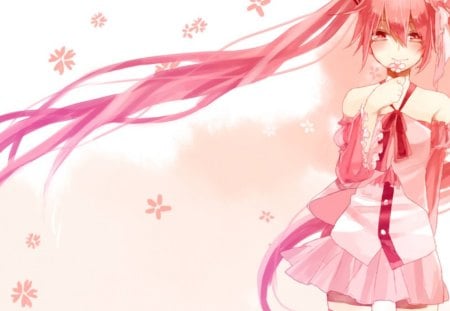 Sakura Miku - anime, vocaloid, polychromatic, pink outfit, long hair, flowers, ponytails, pink hair, Sakura Miku