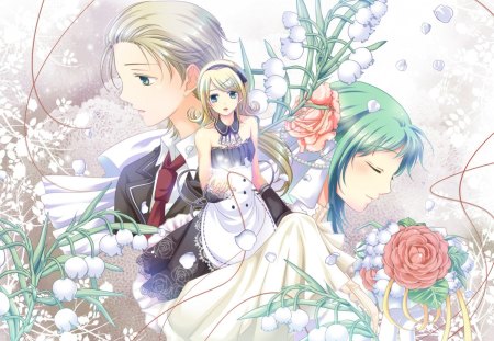 ~Enchanted Romance~ - roses, bride, anime, vocaloid, len and rin kagamine, beautiful, wedding, romance, hatsune miku, flowers, lily of the valley