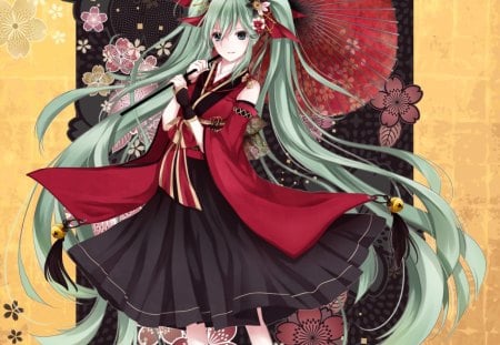 Hatsune Miku - female, hot, anime girl, umbrella, anime, kimono, miku, cute, hatsune miku, sexy, girl, twintails, long hair, vocaloids, hatsune, floral, vocaloid, yukata, green hair, flower