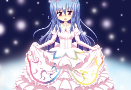 Pretty Dress - pretty, anime, kawaii, female, dress, light, long hair, touhou, blue hair, sparks, nice, gown, anime girl, girl, lovely, hinanawi tenshi, sweet, red eyes, glow, cute