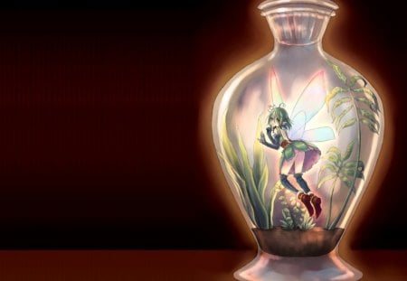 Fairy in the Bottle - anime, trap, female, wing, light, dark, inside, sparks, bottles, anime girl, hot, girl, glow, black, wings, fairy, cute, sexy