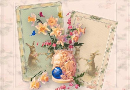 Easter - pretty, rabbit, yellow, blue, beautiful, spring, holidays, pink, bunny, peach, easter, flowers, green