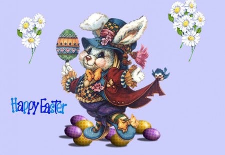 Happy Easter - rabbit, yellow, blue, spring, holidays, bunny, easter, flowers, white, purple, cute