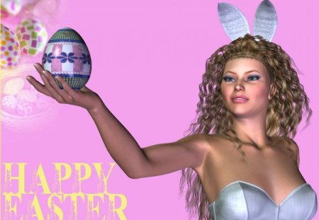 Happy Pink & Blue Easter - pretty, attractions in dreams, female, creative pre-made, splendor, pink, easter, face, beautiful, charm, digital art, weird things people wear, colors, lovely, sweet, hair, characters, 3D and CG, love four seasons